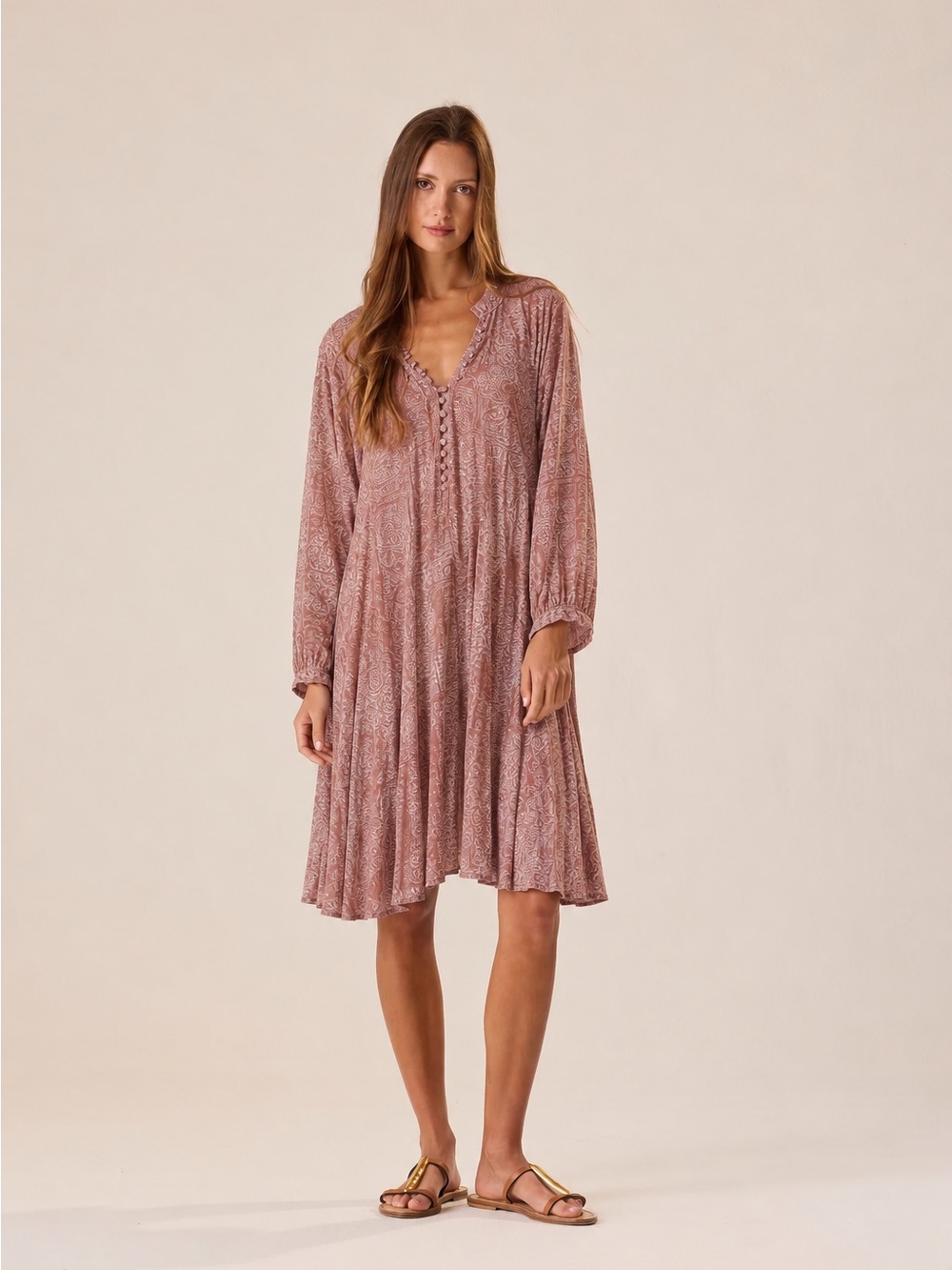 Natalie Martin Dusty Rose Fiore Button-Front Long Sleeve Dress| Size: L